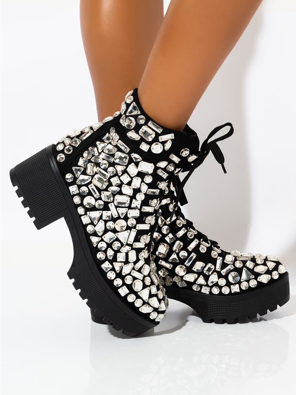 AZALEA WANG 
Embellished Black Chunky Lace-Up Boots